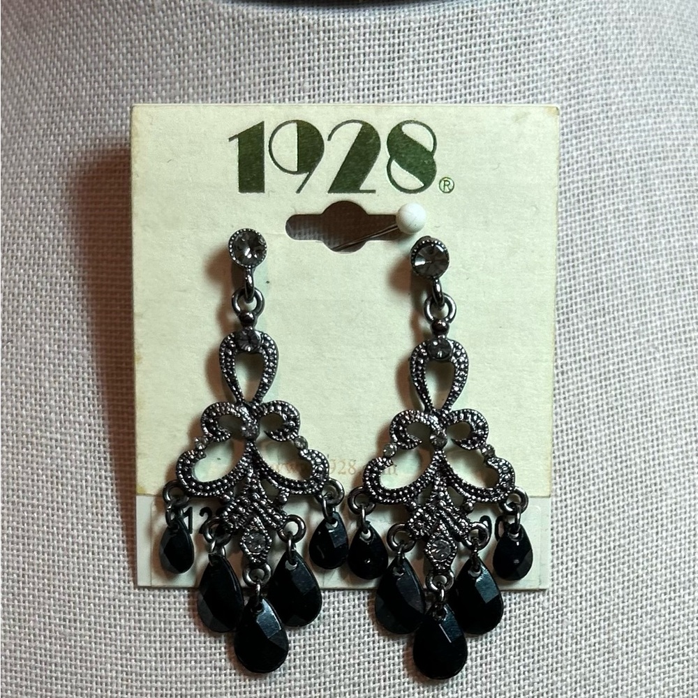 NWT 1928 Black Graphite with Crystals Drop Earrings